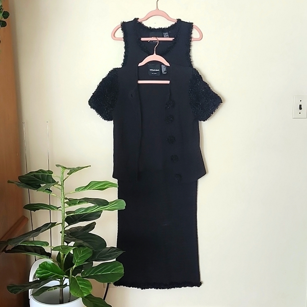 1998 Michael Simon Knit Maxi Dress with matching shrug, chevron faux fur detail.